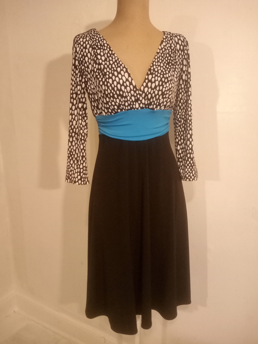 London Times Black and White Polka Top Dress with Bright Blue Waist